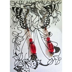 Hand Beaded Earrings w/ Crystal, Glass, Semi Precious Stone Pink & Red Long Drop